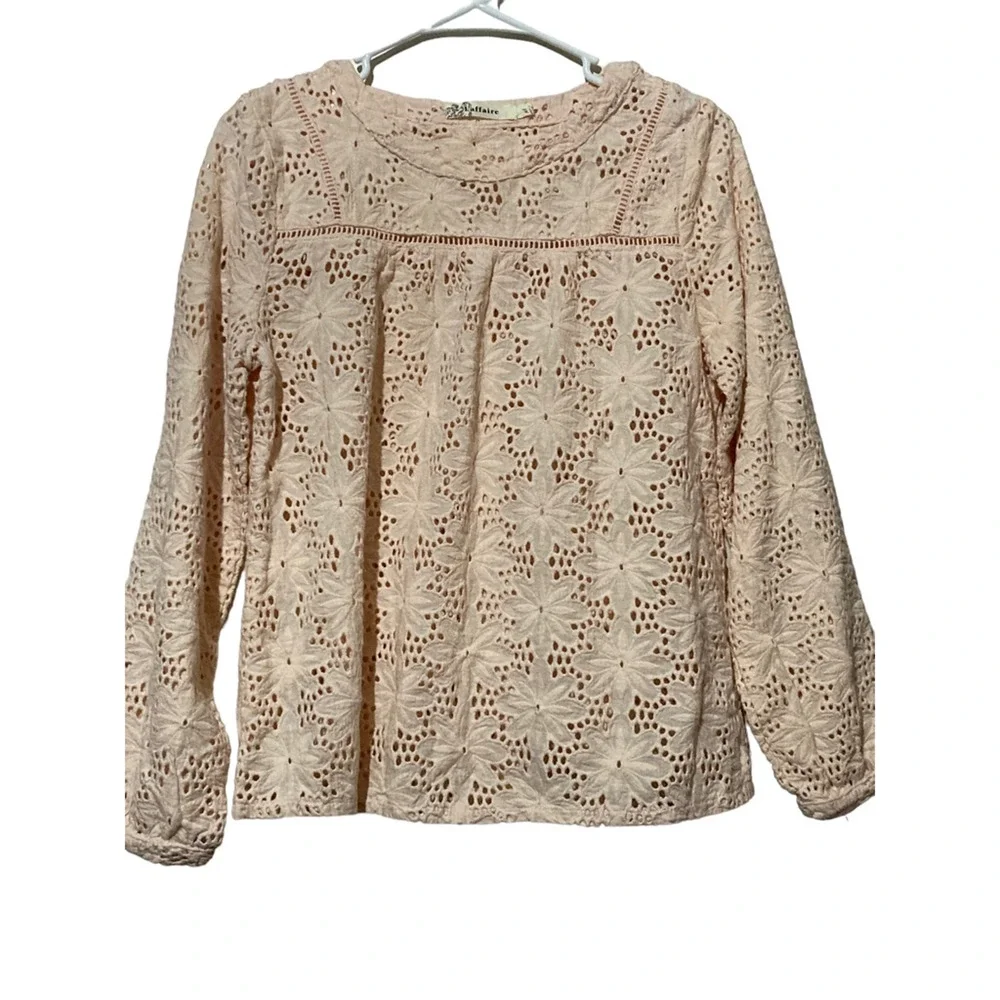 Laffaire‎ Womens Casual Top Pink Eyelet Floral Long Sleeve Jewel Neck M